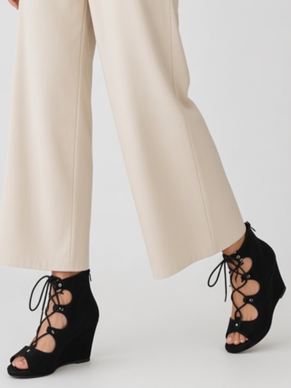 NWT- Sugar Black Suede Lace-Up Peep-Toe Wedges